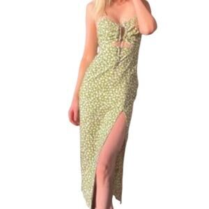 Zara Womens Green Floral Print Linen Blend Cut Out Detail Side Slit Midi Size L